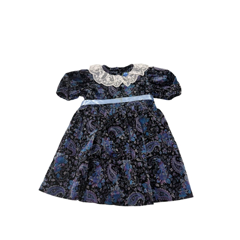 Vintage Lord & Taylor Kids Velvet Paisley Lace Collar Dress Blue Purple
2T/3T?
